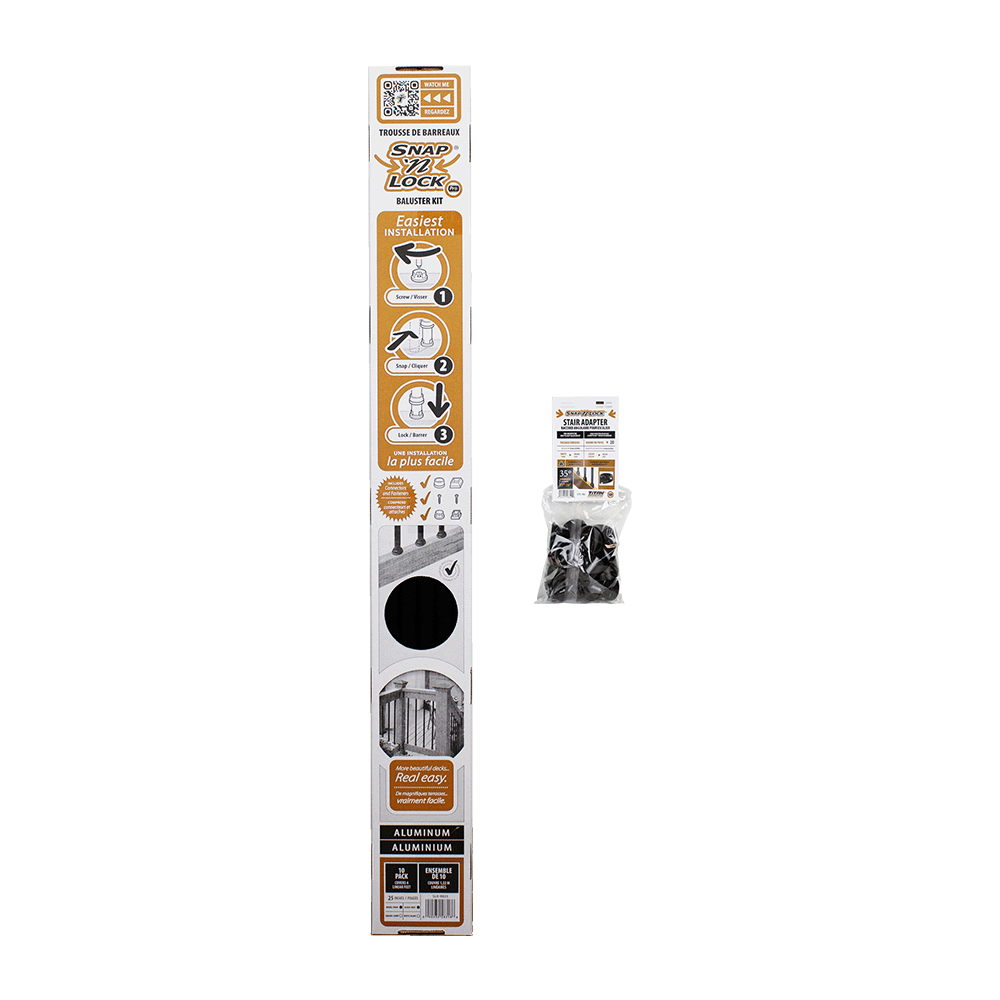 Packaging of 25" black Snap Lock balusters hardware with additional stair hardware on a white background