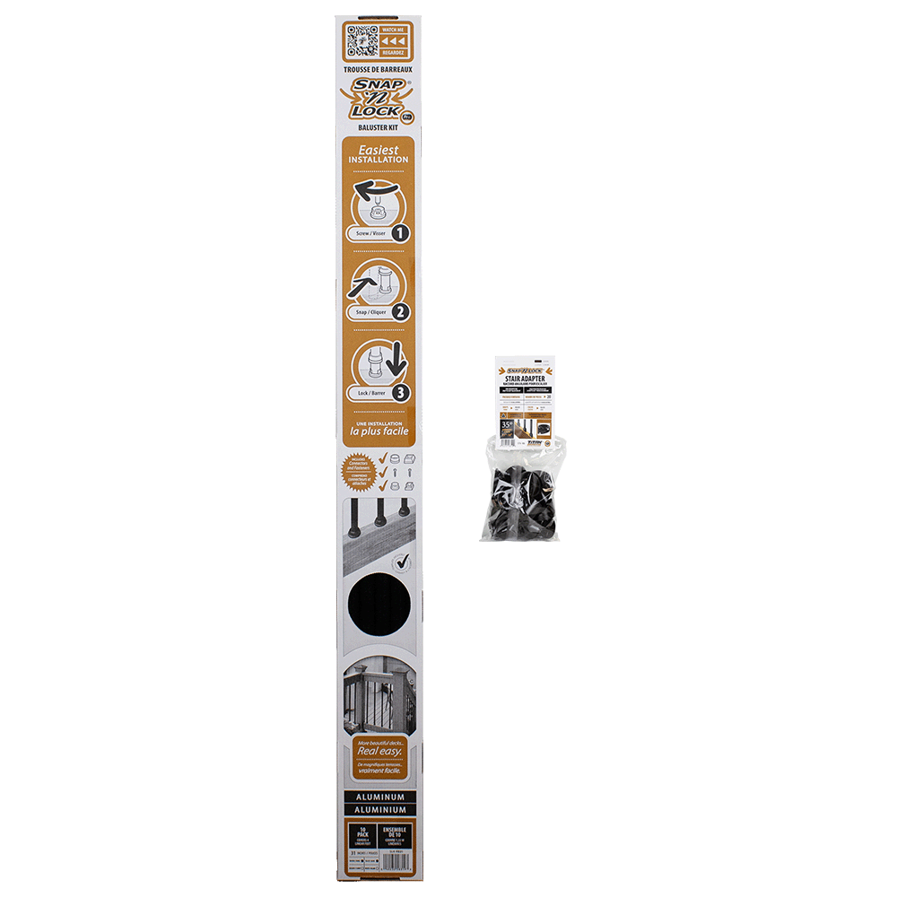 Packaging of 31" black Snap Lock balusters hardware with additional stair hardware on a white background