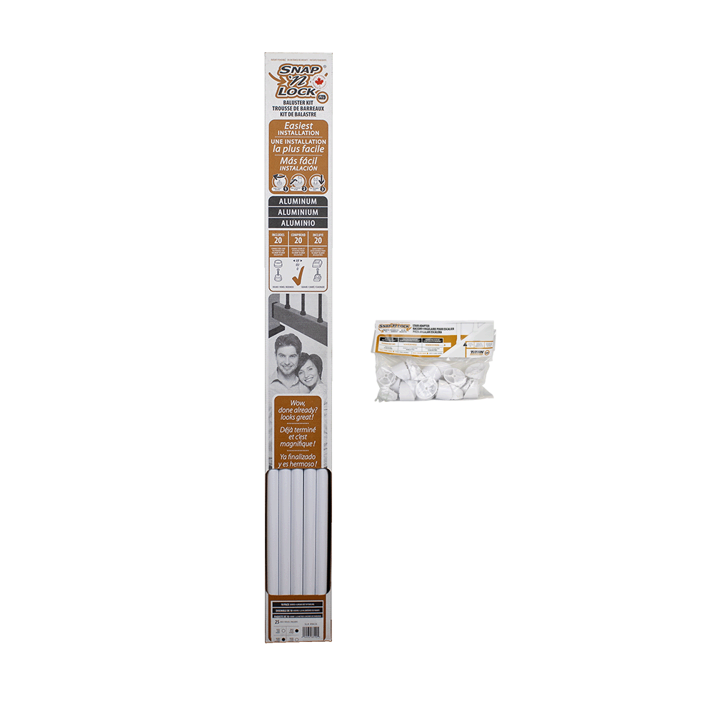 Packaging of 25" white Snap Lock balusters hardware with additional stair hardware on a white background
