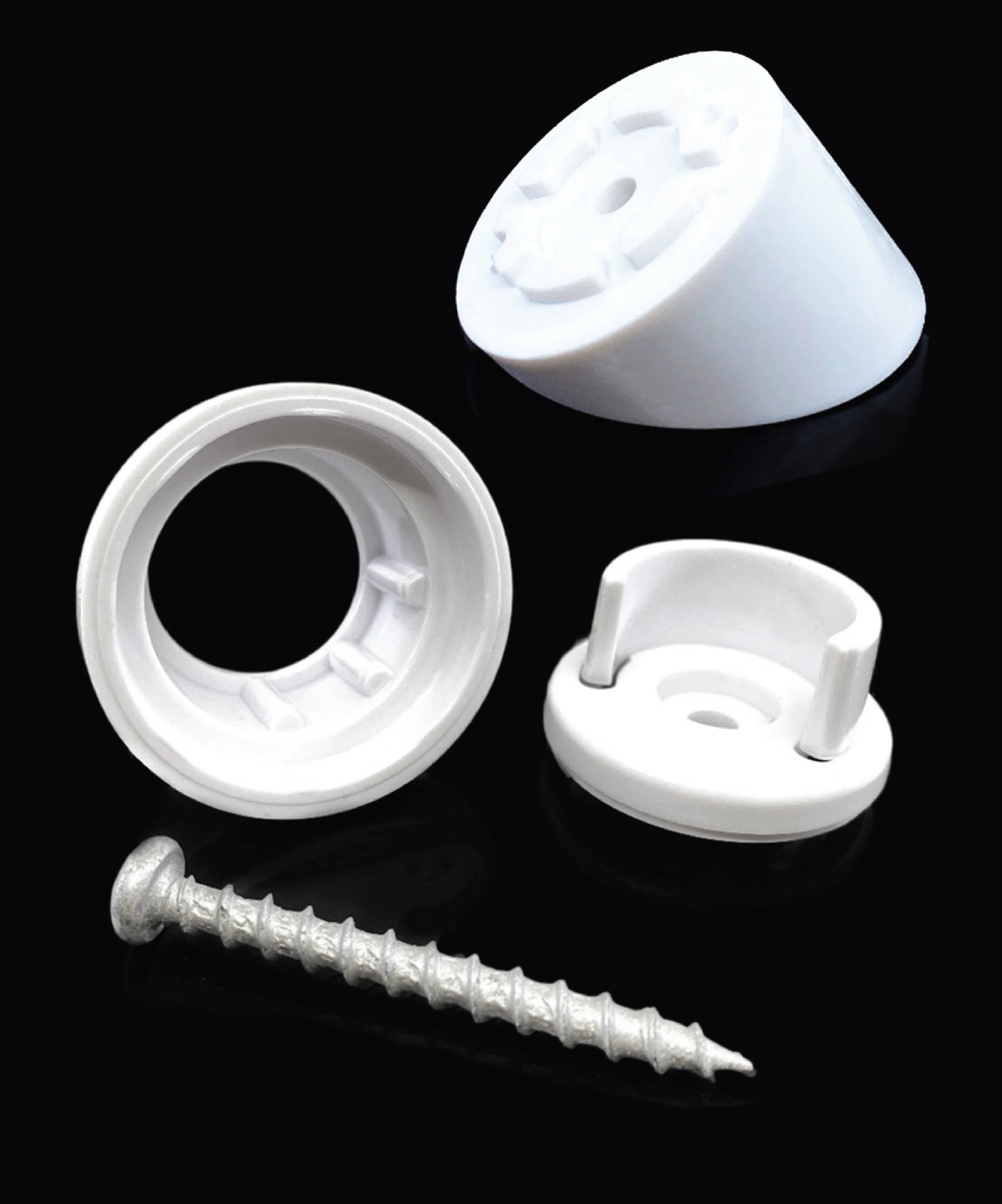 The Snapn Lock® Stair Adapter Plus Connector Packs - White Round features white plastic wall anchors and a metal screw with a threaded tip, beautifully arranged against a black background to accentuate their shapes and textures.